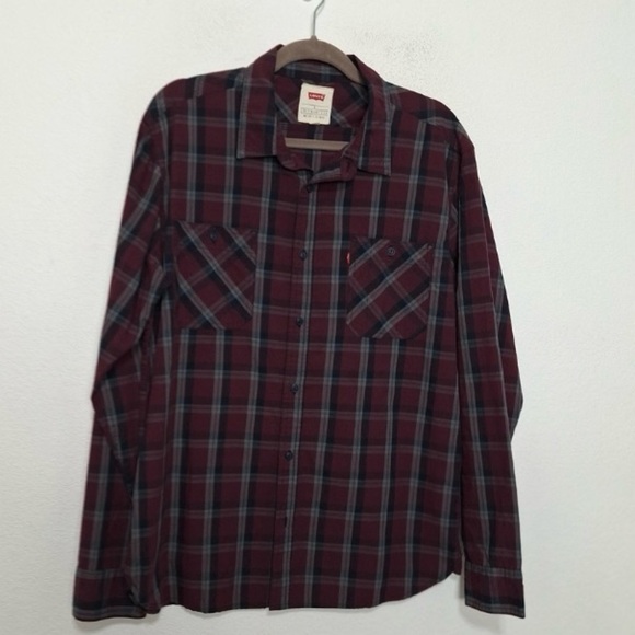 Levi's Men's Burgundy Red Gray Gorpcore Chore Plaid Button Down Shirt Size L - Picture 1 of 9